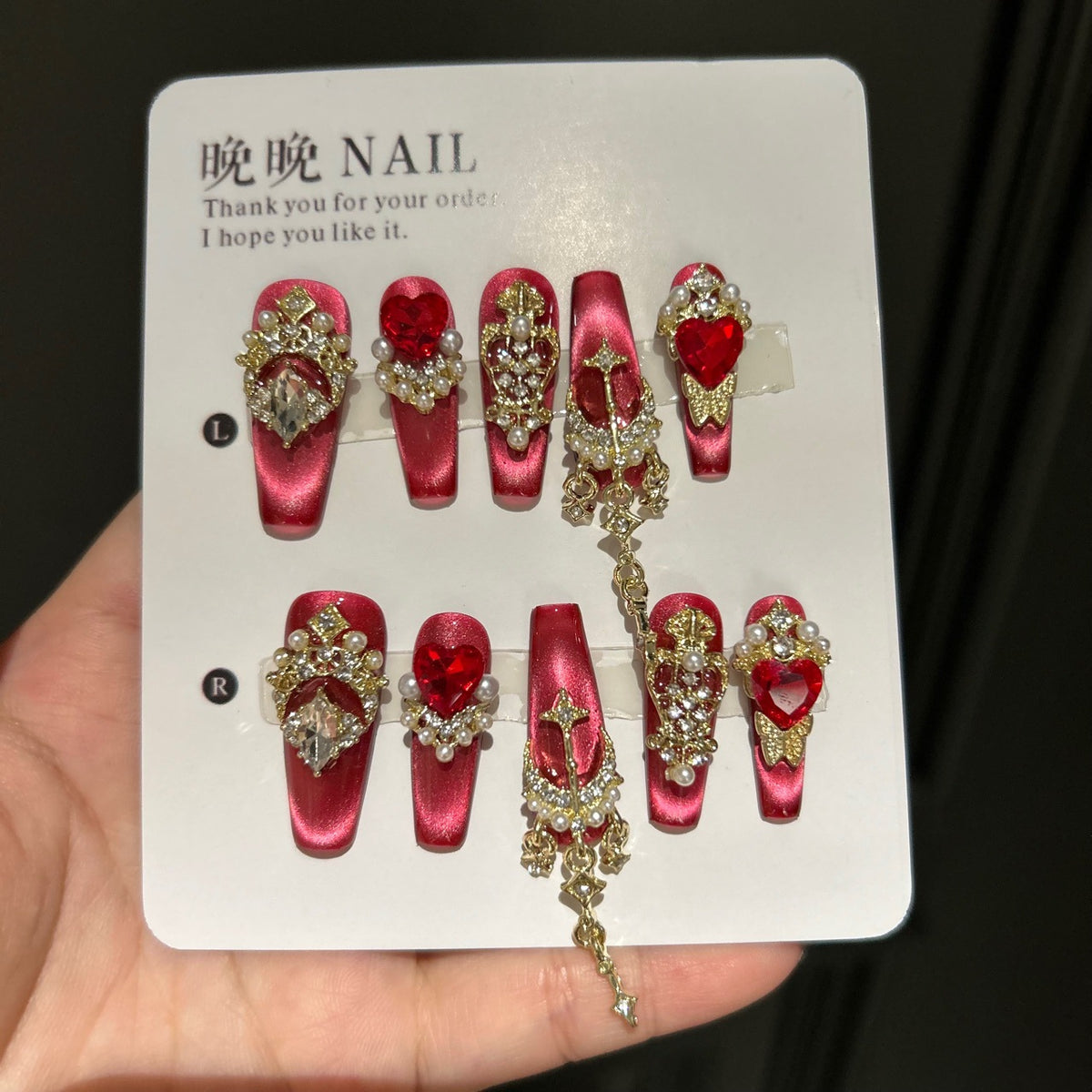 Handmade Red Cat Eye Long Coffin Press On Nails with Red Heart Crystals, Gold Frames & Dangling Gold Chain Charms