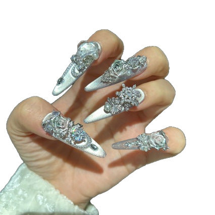 Silver Metallic Stiletto Press-on Nails with 3D Rose, Rhinestone, and Clear Heart Charms - Luxury Fake Nail Set