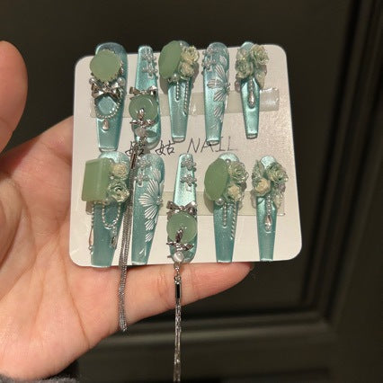 Handmade Mint Green Cat Eye Long Coffin Press On Nails with Jade Charms, 3D Roses & Silver Tassel Chains