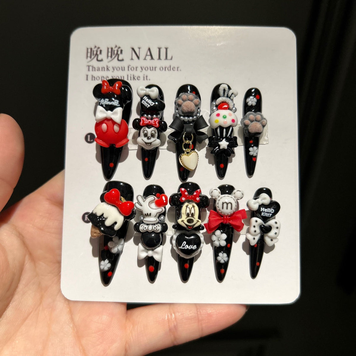 Red, Black & White Stiletto Press-on Nails with 3D Mickey Minnie, Cartoon Hand, Fluffy Paw, Cupcake, and Heart Charm - Y2K Kawaii Fake Nail Set