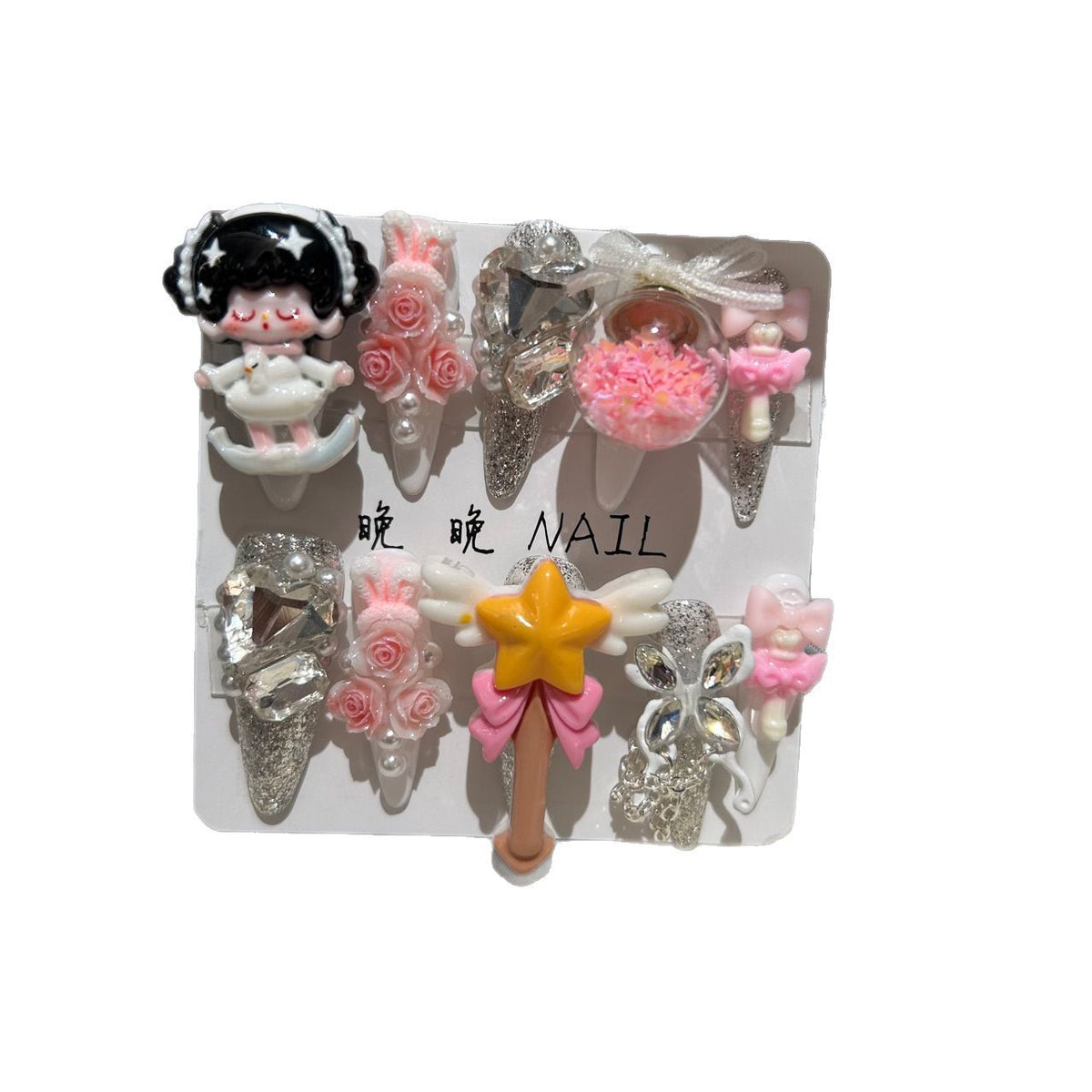 Handmade Kawaii Silver Glitter Long Stiletto Press On Nails with 3D Cartoon Doll, Magic Wand, Pink Roses & Floating Shaker Ball Charms