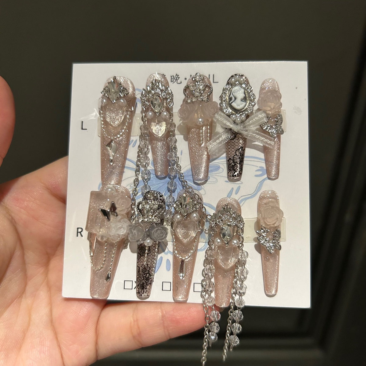 Handmade Milky Pink Shimmer Long Stiletto Press On Nails with Vintage Cameo, 3D Roses, Giant Heart Crystals & Long Crystal Chains