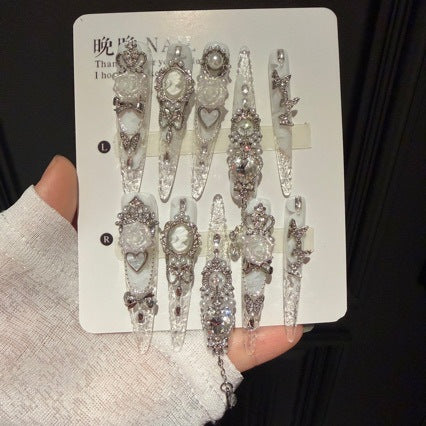 Handmade Clear White Long Stiletto Press On Nails with Vintage Cameo Frames, 3D White Roses, Rhinestone Crowns, Pearls & Dangling Silver Chains