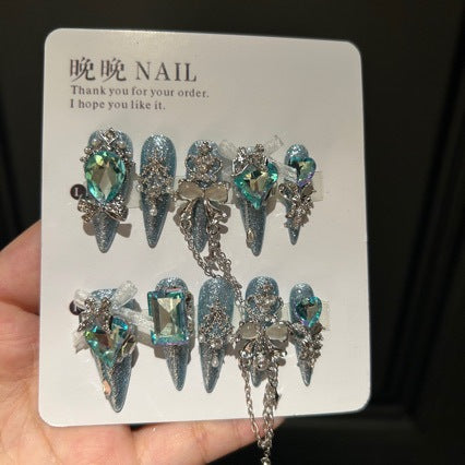Ice Blue Cat Eye Stiletto Press-on Nails with 3D Blue Crystal Gem, Pearls, Bowknot, and Hanging Chain Charms - Luxury Statement Fake Nail Set