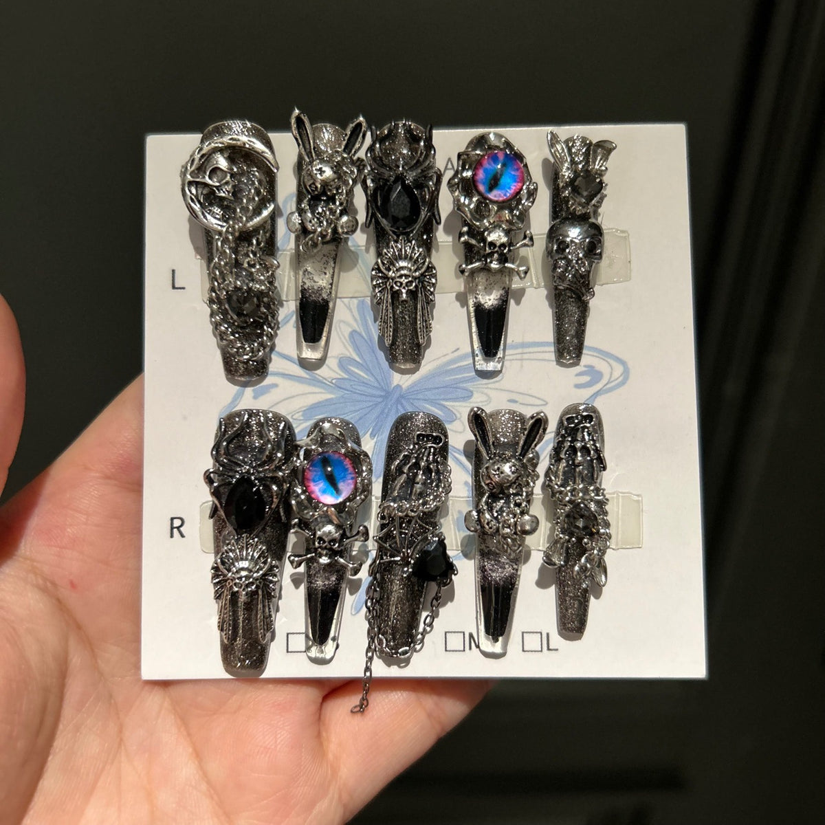Handmade Black Smoky Glitter Long Coffin Press On Nails with Demon Eye, Skull, Spider & Gothic Rabbit Metal Charms