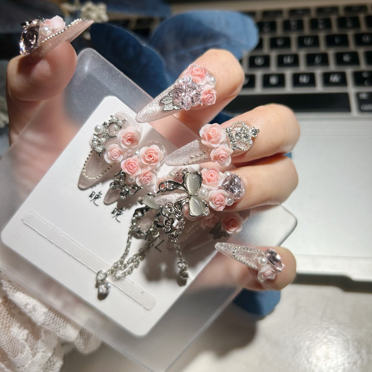 Handmade Sheer Pink Glitter Long Stiletto Press On Nails with 3D Pink Roses, Crown, Pink Heart Crystals & Silver Chain Tassels