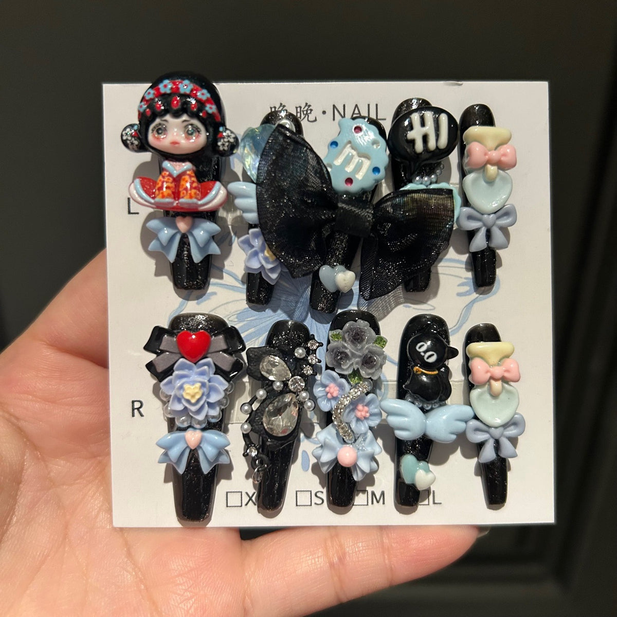 Handmade Black Glitter Long Stiletto Press On Nails with 3D Chinese Style Doll, Big Black Bow, Flower & Cute Cartoon Charms