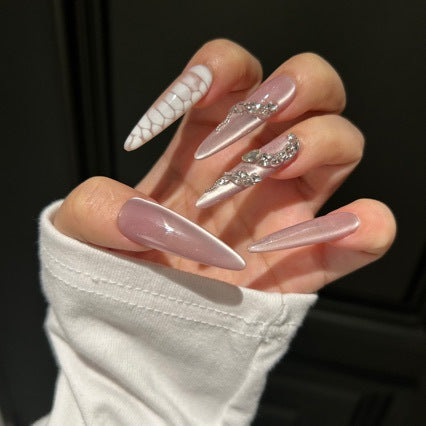 Fairy Core Bridal Luxury Glam Press-on Nails - Long Stiletto with Nude Shimmer Base, Large Crystal and 3D Floral Accents