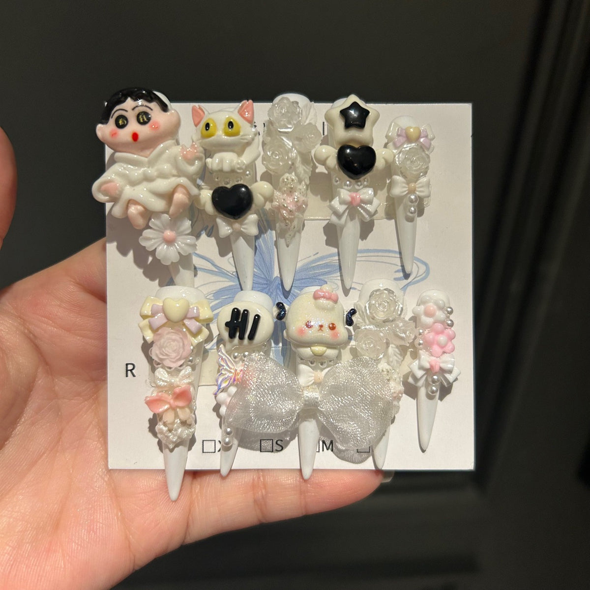 Kawaii Cartoon Anime Stiletto Press-on Nails with 3D Crayon Shin-chan, Cute Cat, Mesh Bowknot, and Trendy Charms - Sweet & Quirky Fake Nail Set
