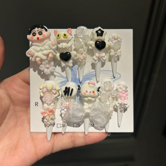 Kawaii Cartoon Anime Stiletto Press-on Nails with 3D Crayon Shin-chan, Cute Cat, Mesh Bowknot, and Trendy Charms - Sweet & Quirky Fake Nail Set