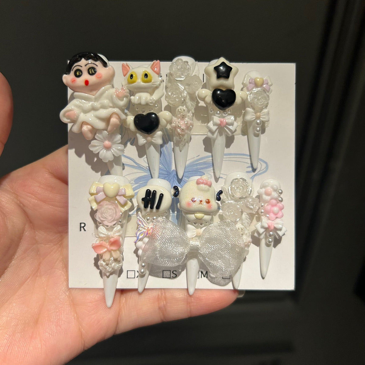 Kawaii Cartoon Anime Stiletto Press-on Nails with 3D Crayon Shin-chan, Cute Cat, Mesh Bowknot, and Trendy Charms - Sweet & Quirky Fake Nail Set