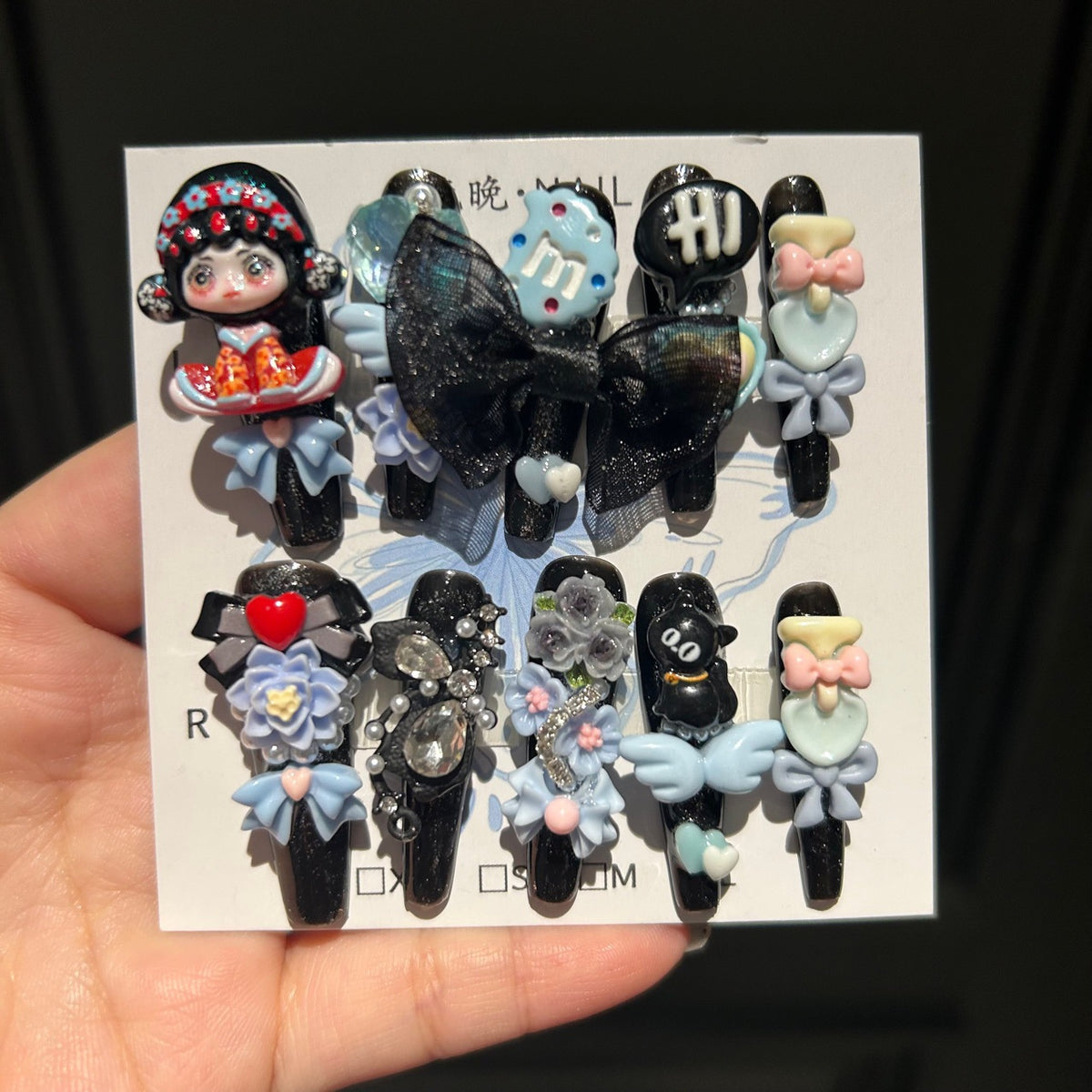 Handmade Black Glitter Long Stiletto Press On Nails with 3D Chinese Style Doll, Big Black Bow, Flower & Cute Cartoon Charms