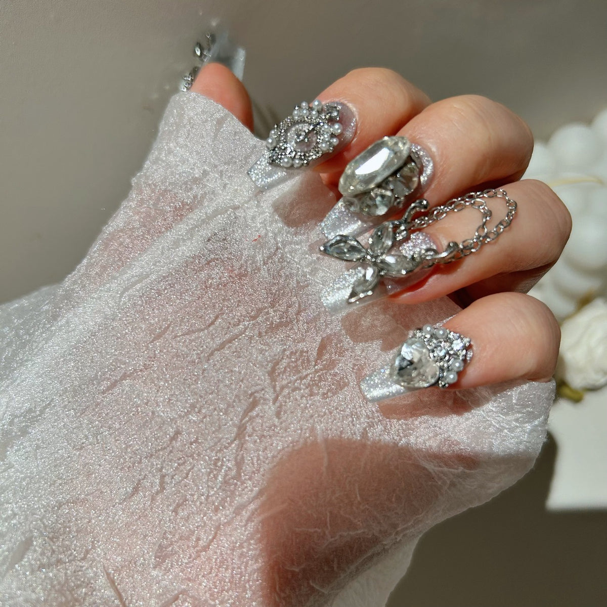 Handmade Silver Glitter Long Coffin Press On Nails with Giant Crystals, Rhinestone Bows & Dangling Chain Charms