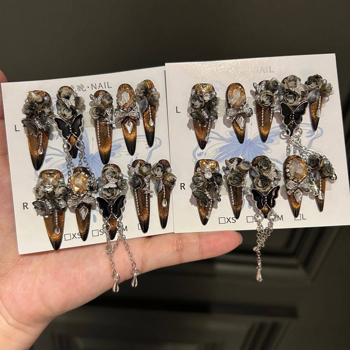 Handmade Golden Cat Eye Long Stiletto Press On Nails with 3D Smoky Roses, Black Butterfly Charms, Amber Crystals & Hanging Chains