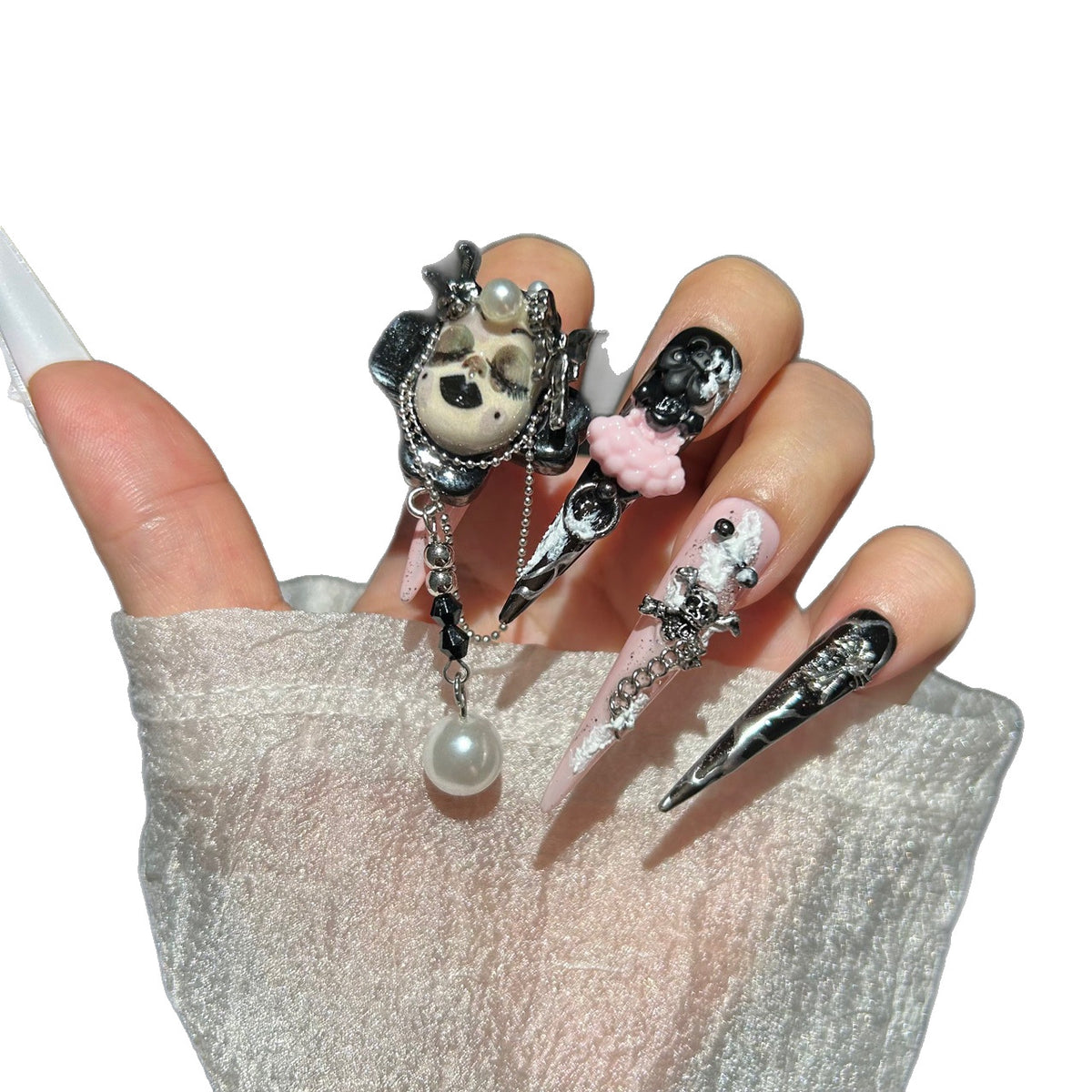 Handmade Pink Black Ombre Long Stiletto Press On Nails, Gothic Bunny Skull Spider False Nails with 3D Rose, Pearls & Dangling Chains