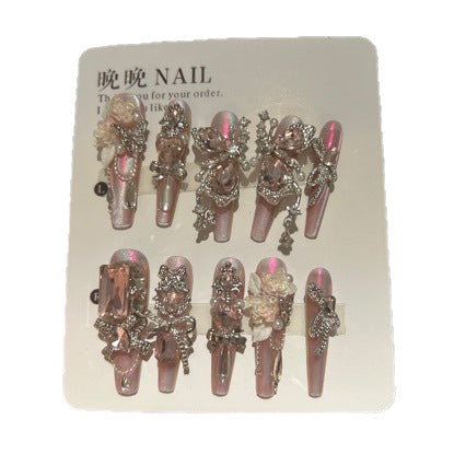 Handmade Pink Aurora Iridescent Press On Nails, Long Stiletto Fairy Princess False Nails with Large Pink Teardrop Rhinestones, 3D Silver Butterfly Charms, Cream Roses, Pearls & Silver Crystal Chains, Reusable Fake Nails for Wedding, Prom & Party