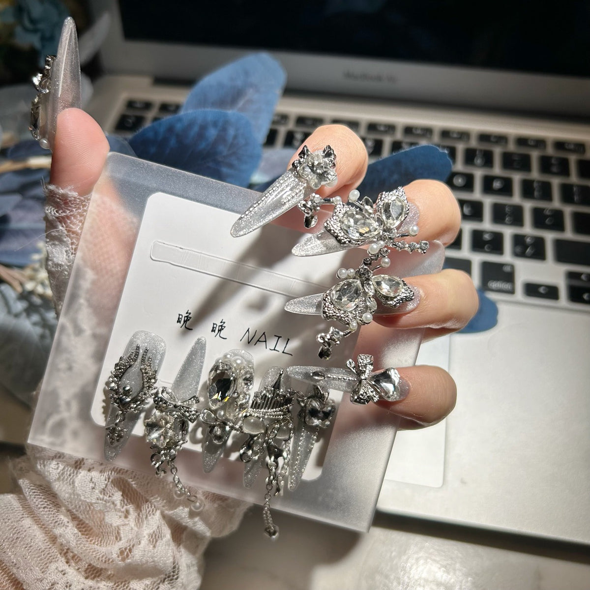 Handmade Silver Cat Eye Long Stiletto Press On Nails with Giant AB Crystals, Castle & Butterfly Charms, Pearls & Dangling Chains
