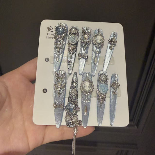 Handmade Silver Blue Cat Eye Long Stiletto Press On Nails with Vintage Portrait Cameo & Blue Rose Charms