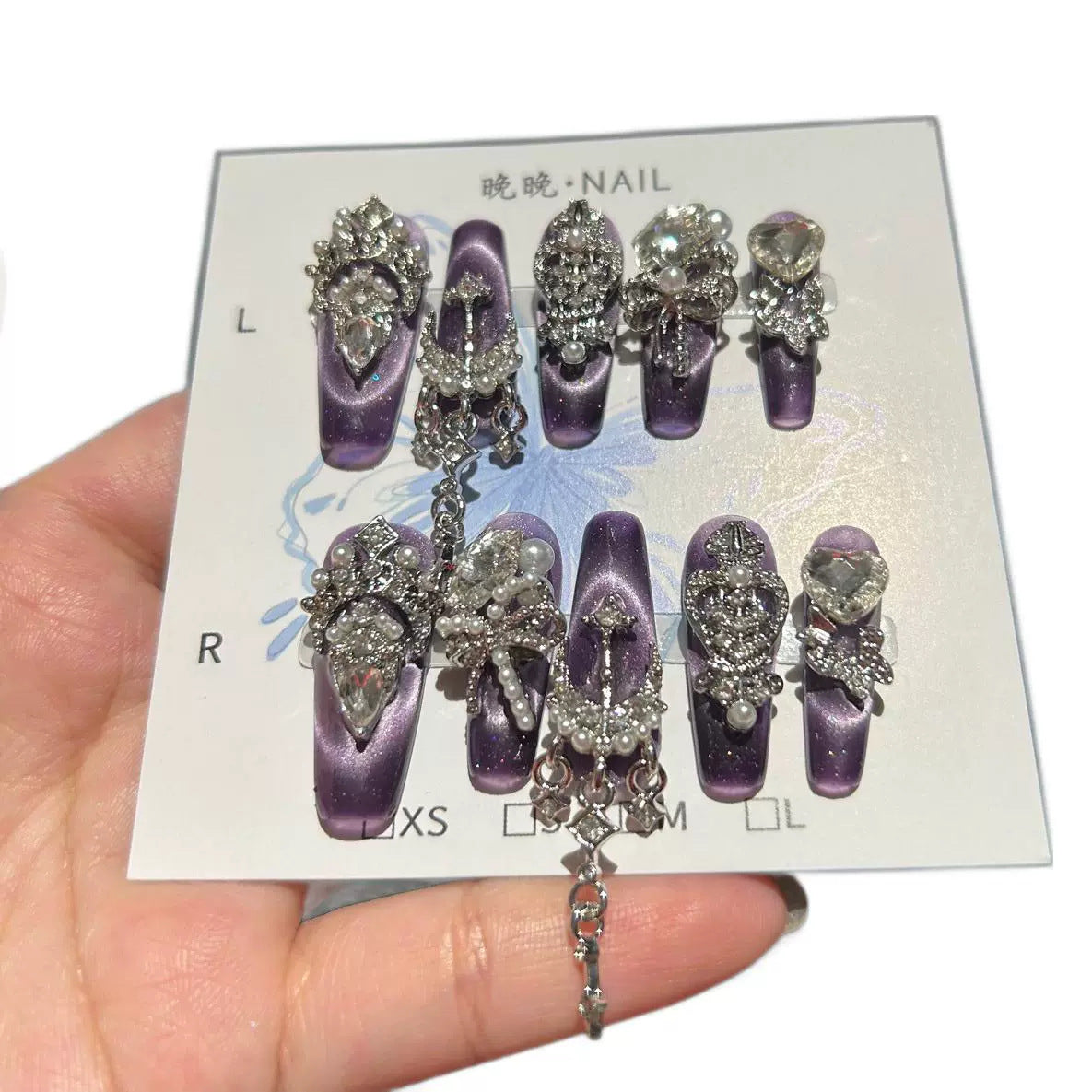 Handmade Purple Cat Eye Long Coffin Press On Nails with Silver Rhinestone Crown, Bow & Heart Crystal Charms, Pearls & Dangling Chains