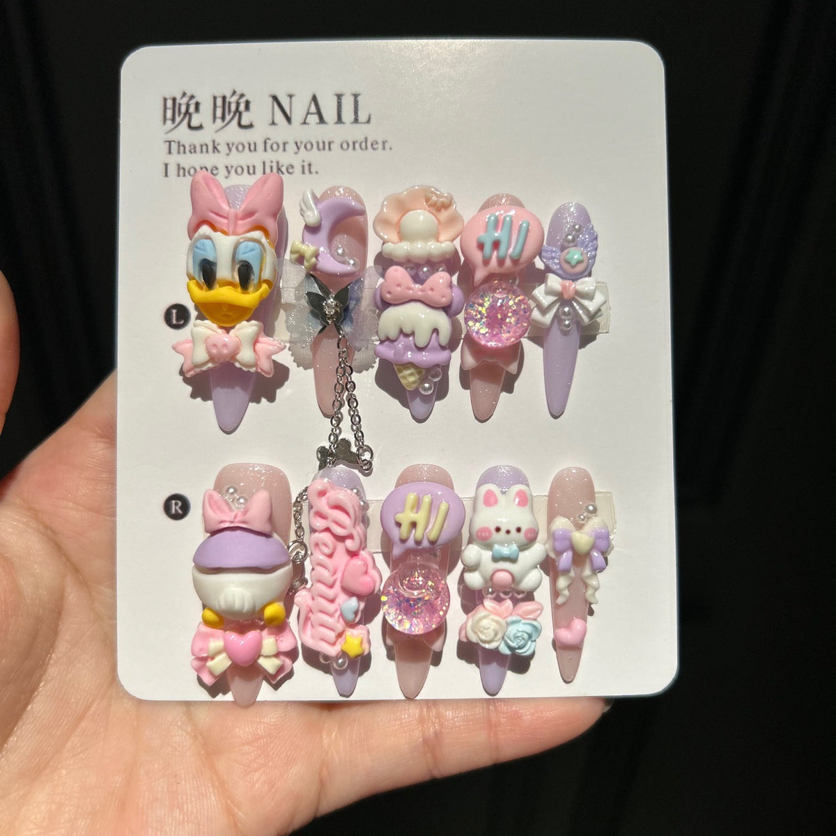 Pastel Purple & Pink Stiletto Press-on Nails with 3D Daisy Duck, Cute Bunny, Ice Cream, Speech Bubble, and Interlinked Chain - Y2K Kawaii Fake Nail Set