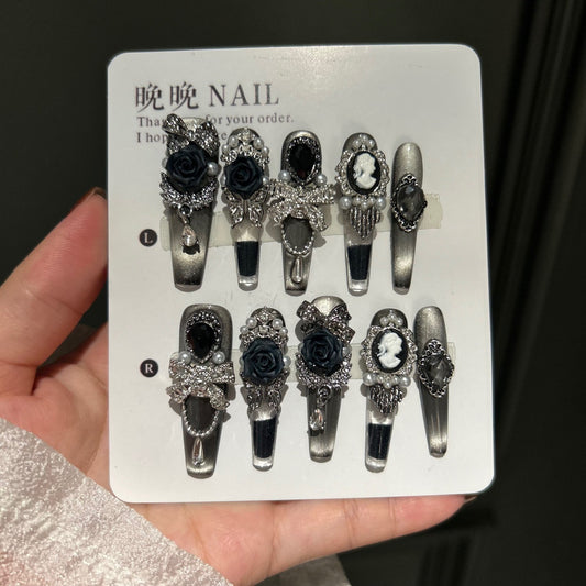 Handmade Gunmetal Metallic Long Coffin Press On Nails with Black Roses, Vintage Cameo & Rhinestone Bow Charms