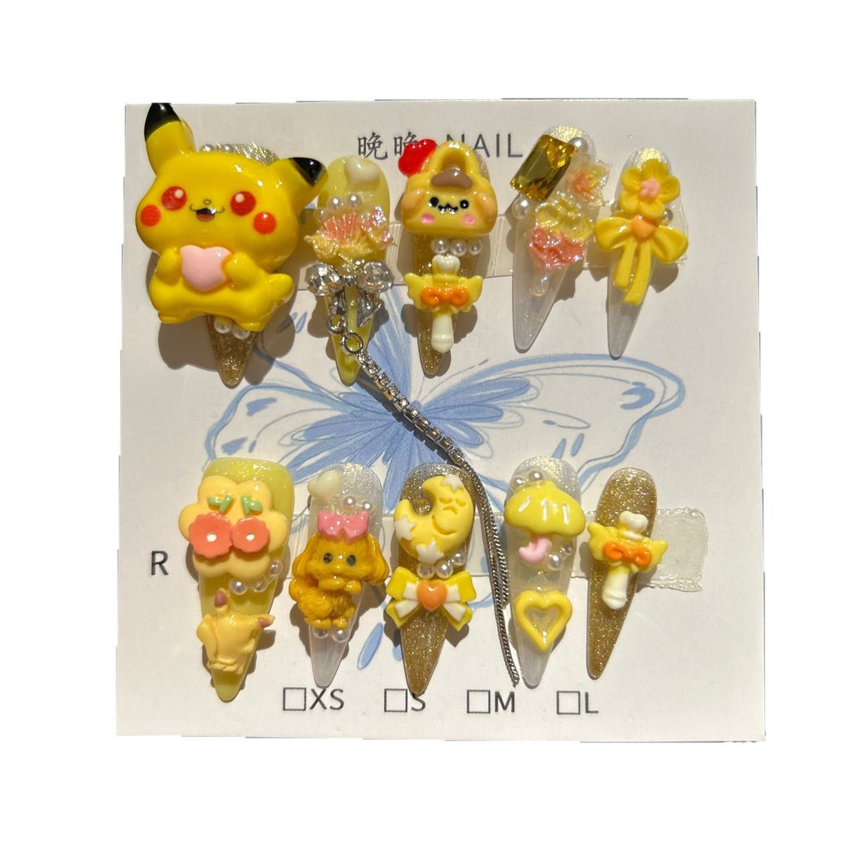 Handcrafted Designer Cartoon Press-on Nails - Shimmering Cat Eye Base with Heavy 3D Pikachu, Puppies and Cute Accessories