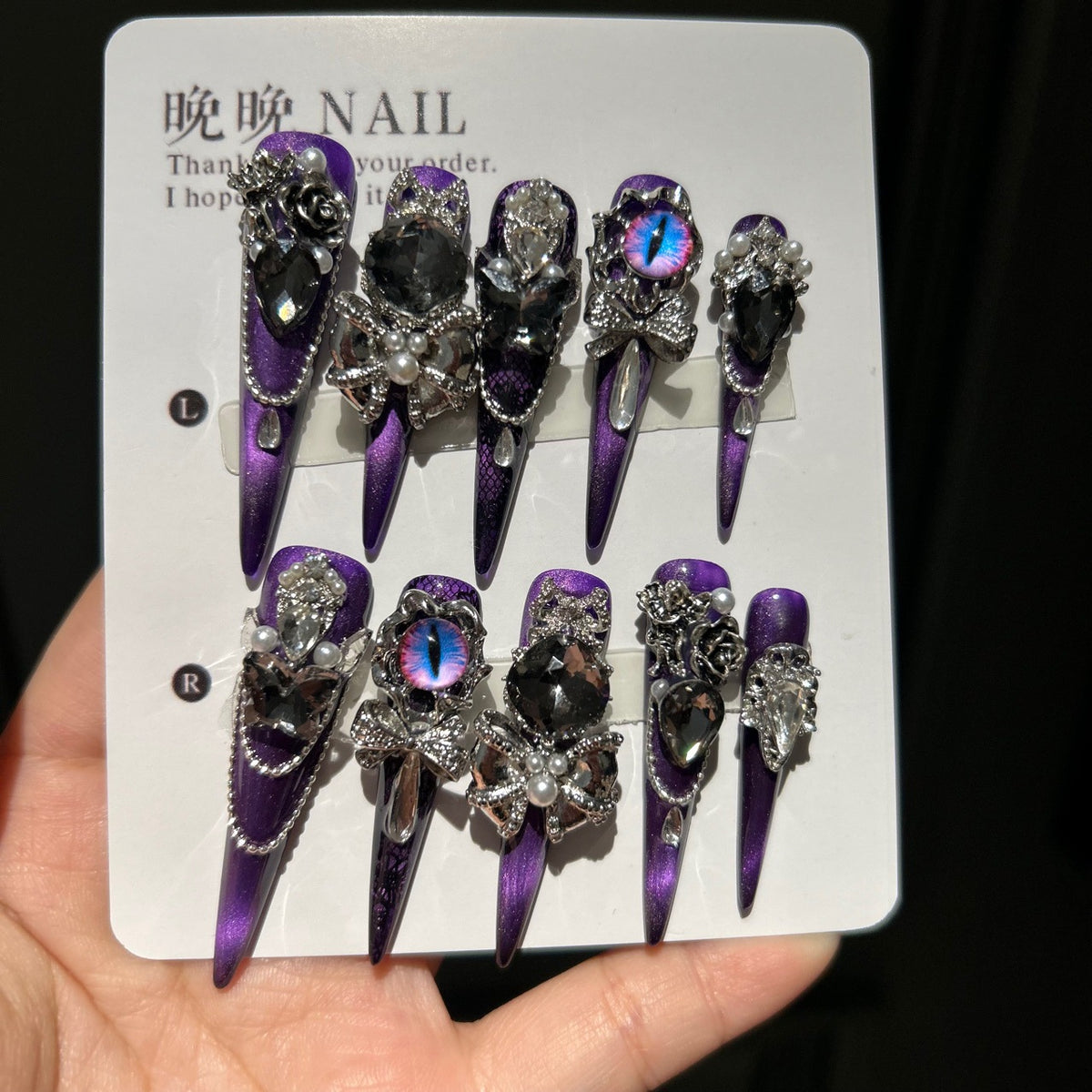 Handmade Purple Cat Eye Long Stiletto Press On Nails with Demon Eye, Black Rose & Giant Crystal Charms