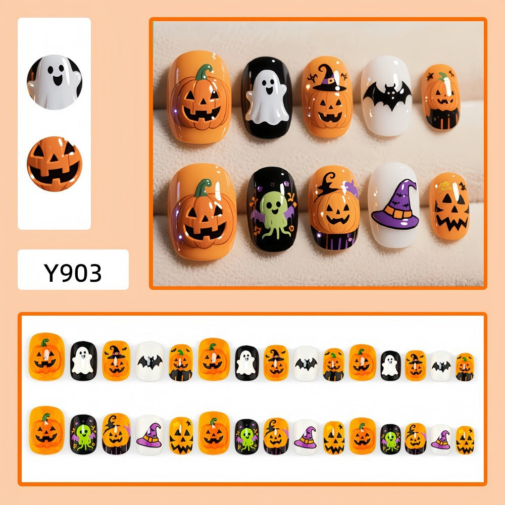 New Halloween fake nail patch soft cute ghost pumpkin lamp bat skull manicure wear armor