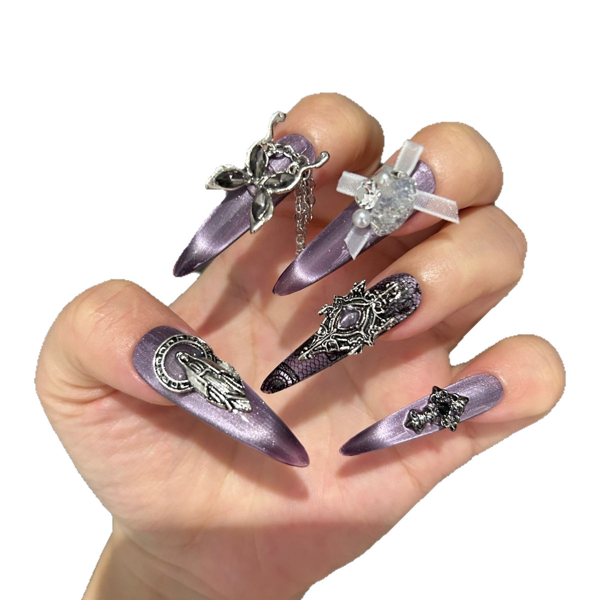 Dark Grey-Purple Cat Eye Stiletto Press-on Nails with Vintage Silver Religious Relief, Lace Pattern, White Ribbon Bow, Butterfly, and Draping Chain - Gothic Glam Fake Nail Set