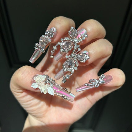 Handmade Pink Aurora Iridescent Press On Nails, Long Stiletto Fairy Princess False Nails with Large Pink Teardrop Rhinestones, 3D Silver Butterfly Charms, Cream Roses, Pearls & Silver Crystal Chains, Reusable Fake Nails for Wedding, Prom & Party