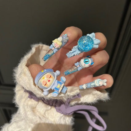 Handmade Kawaii Blue 3D Doll Press On Nails, Long Stiletto Pop Mart Inspired False Nails, Glitter Bow Pom Pom Reusable Fake Nails For Cosplay Party