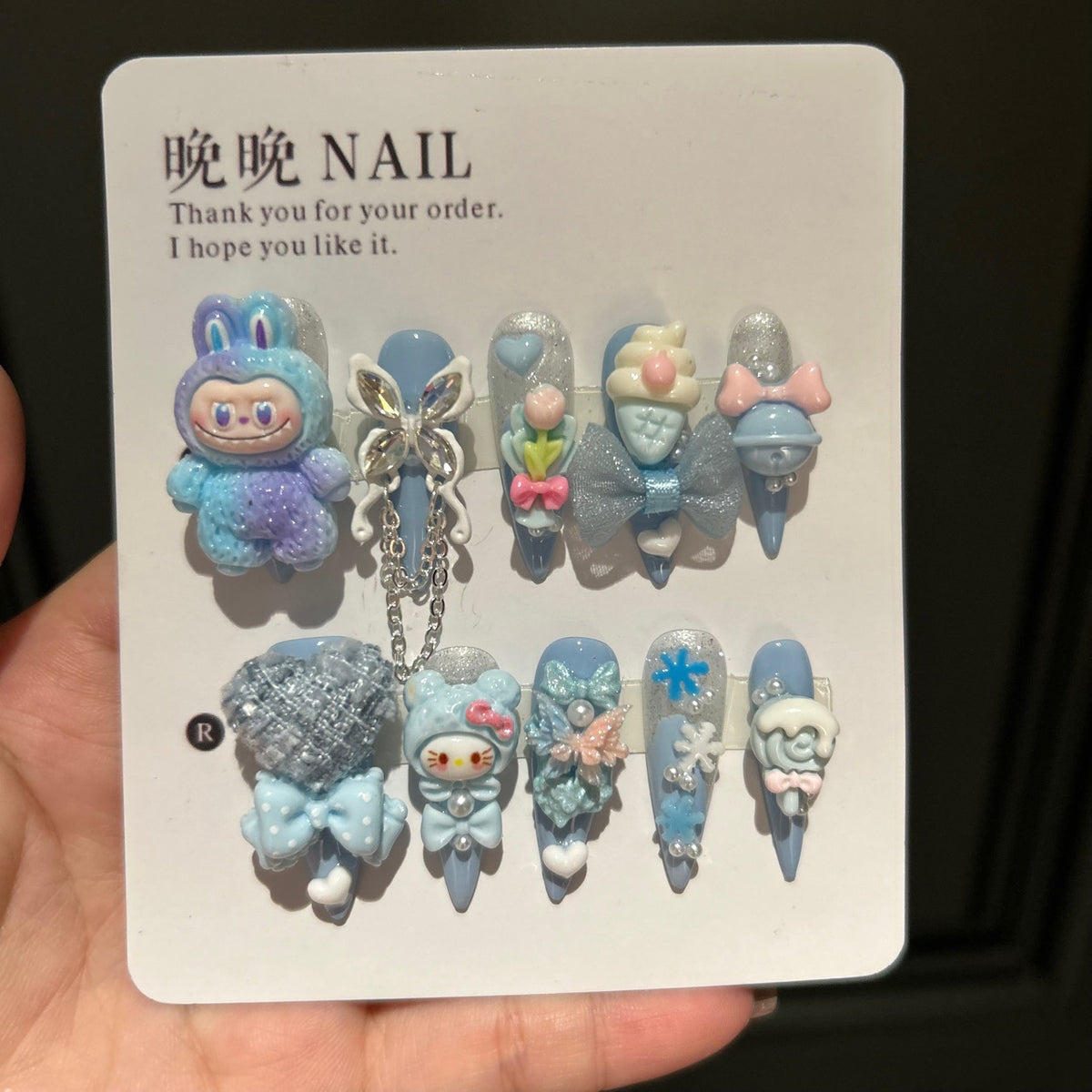 Handmade Blue Kawaii Long Stiletto Press On Nails, 3D Cartoon Character False Nails with Bow, Butterfly & Resin Charms
