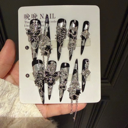 Handmade Dark Gothic Press On Nails | Luxury Heavy Industry Silver Chain & 3D Metal Art Reusable Fake Nails, Edgy Black Stiletto Nail Art