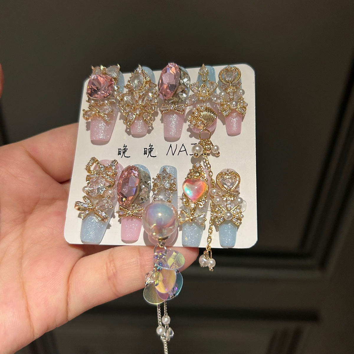 Handmade Pink Blue Ombre Gold Butterfly Long Coffin Press On Nails with Pink Crystals & Dangling Chains