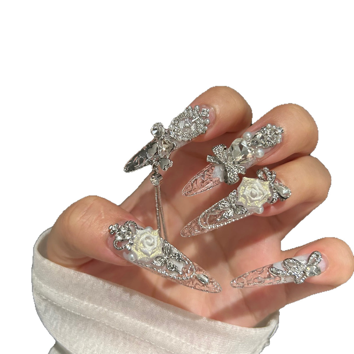 Handmade Clear Transparent Long Stiletto Press On Nails with 3D White Roses, Silver Rhinestone Bows, Crown & Butterfly Charms, Pearls & Dangling Silver Chains