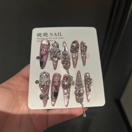 Handmade Pink Anime Portrait Long Stiletto Press On Nails, Pink Crystal False Nails with Silver Bow, Pearls & Dangling Chains
