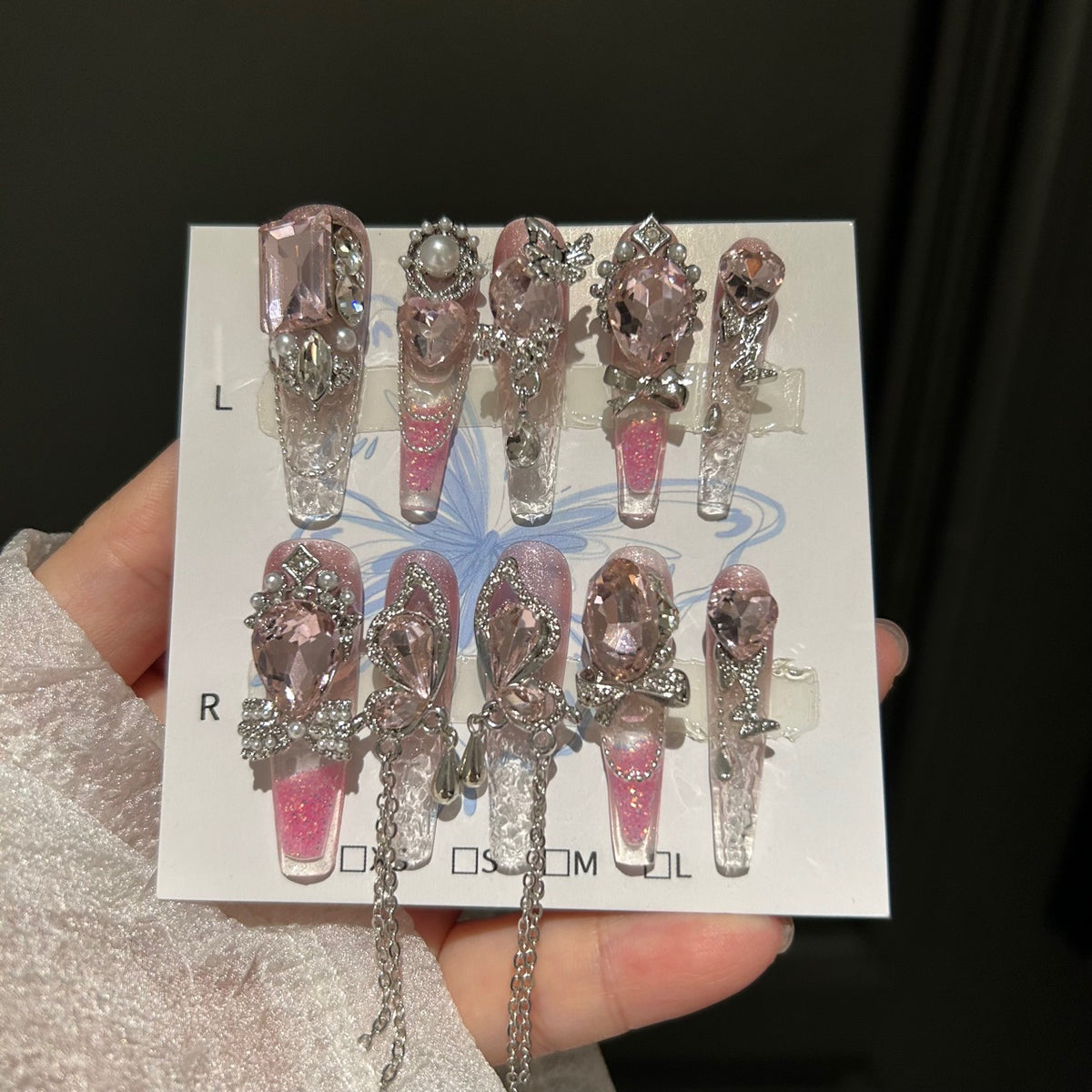 Handmade Pink Glitter Ombre Long Coffin Press On Nails with Large Pink Heart & Rectangle Crystals, Butterfly Rhinestones, Pearls & Dangling Silver Chains