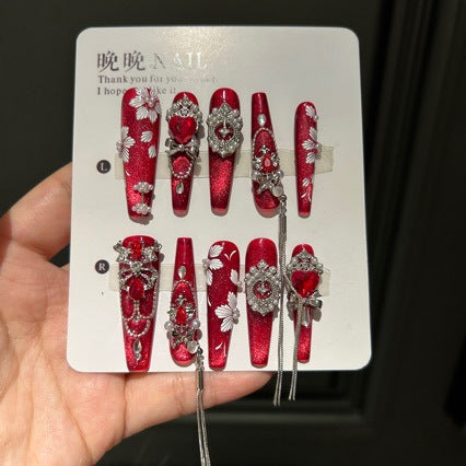 Handmade Red Cat Eye Press On Nails | Luxury Heavy Industry Red Gemstone, White Floral & Tassel Chain Reusable Fake Nails