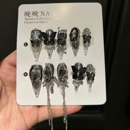Handmade Gothic Butterfly Press On Nails, Long Stiletto Silver Black Gradient Glitter False Nails with Dangling Metal Chain Charms, Reusable Fake Nails for Party Cosplay