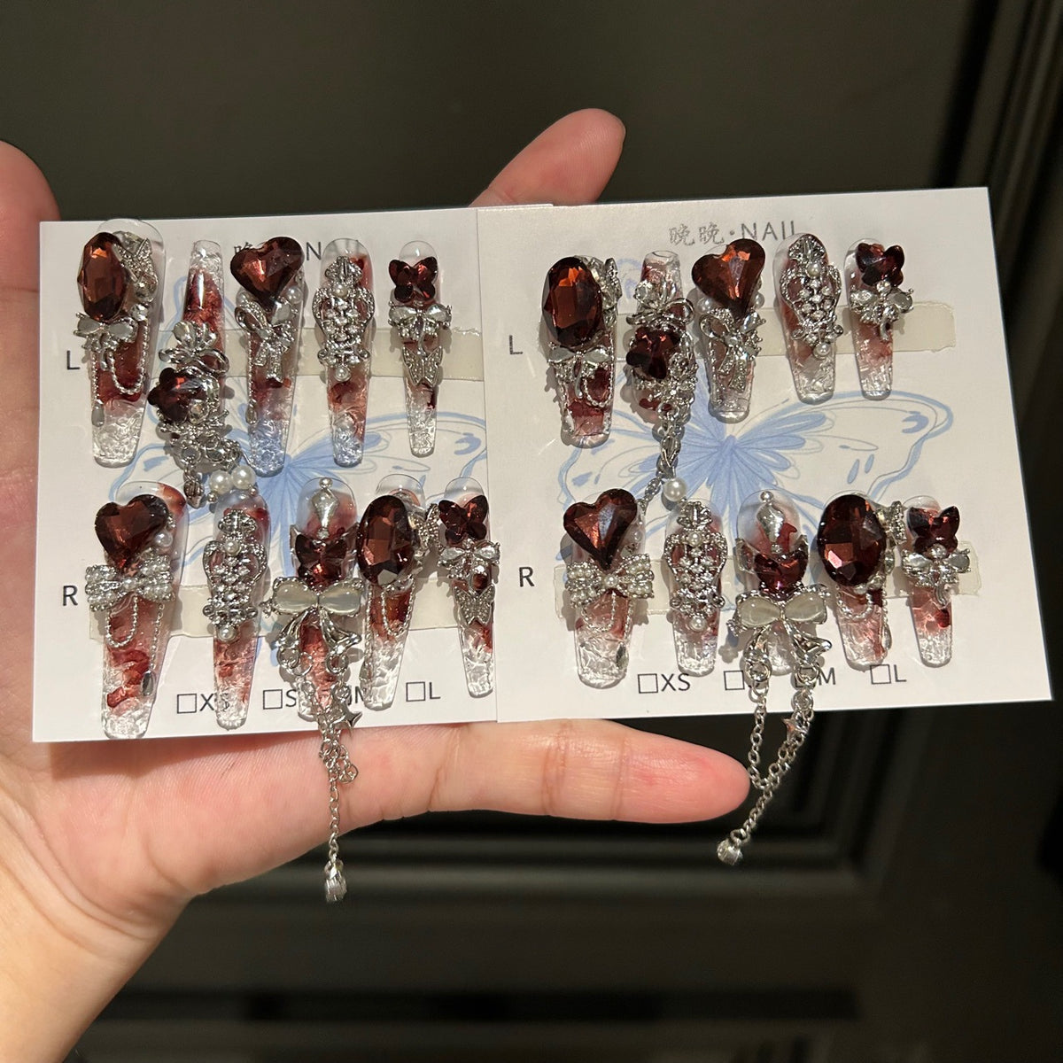 Handmade Red Smoke Gradient Long Coffin Press On Nails with Dark Red Heart Crystals, Butterfly Charms & Dangling Silver Chains