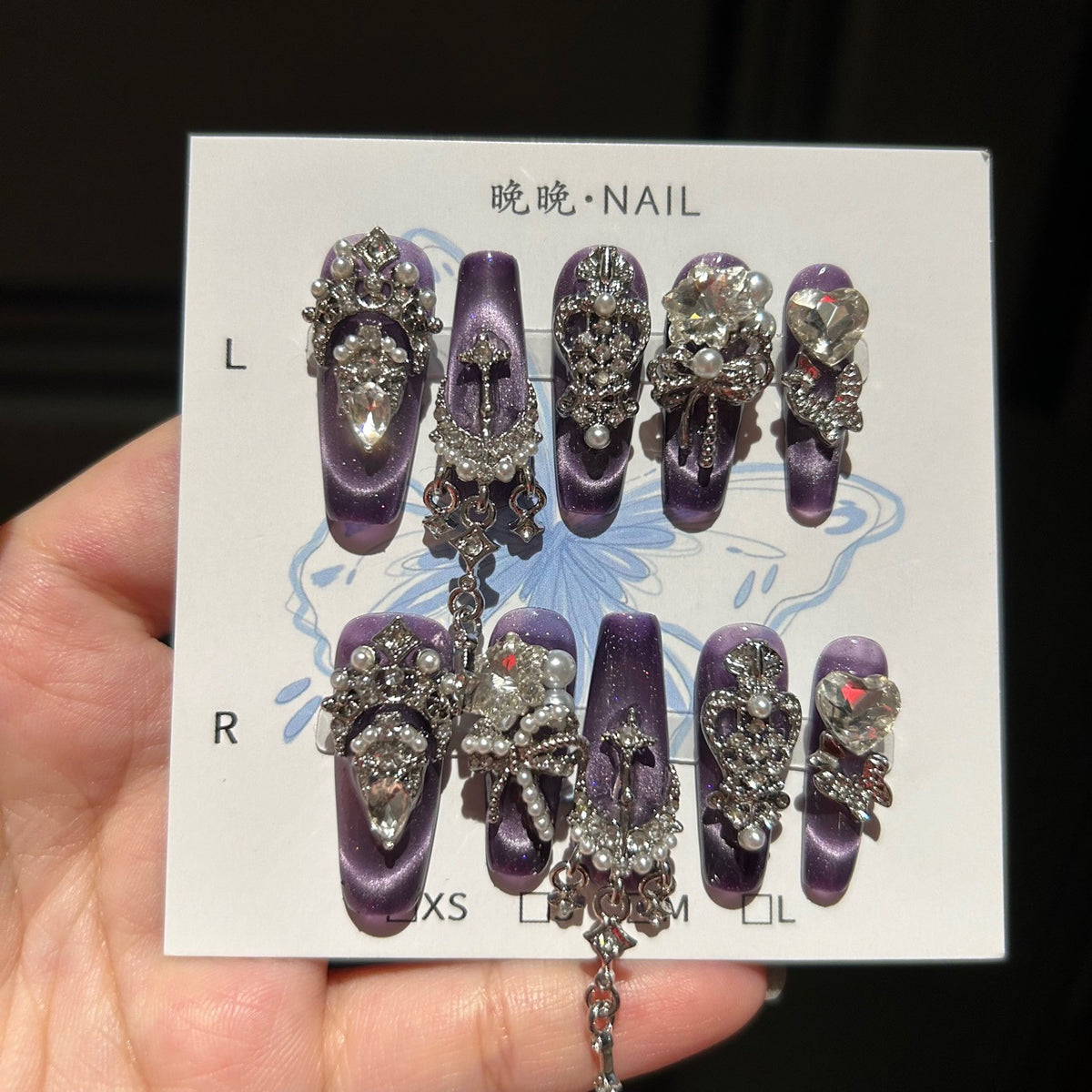 Handmade Purple Cat Eye Long Coffin Press On Nails with Silver Rhinestone Crown, Bow & Heart Crystal Charms, Pearls & Dangling Chains