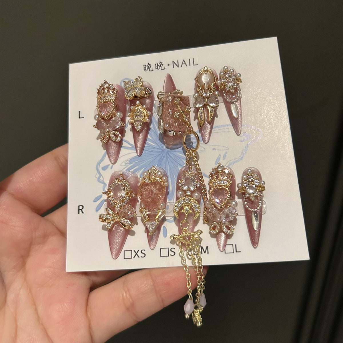Handmade Pink Cat Eye Long Stiletto Press On Nails, Luxury Gold Butterfly & Heart Gem False Nails with Dangling Gold Chains