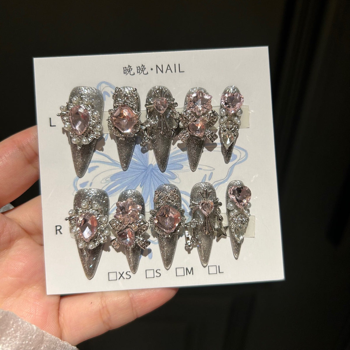 Handmade Silver Cat Eye Long Stiletto Press On Nails with Pink Heart Crystals, Rhinestone Bows & Pearl Charms