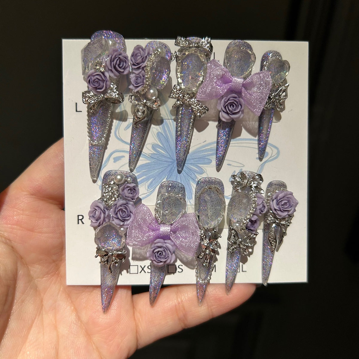 Handmade Purple Glitter Rose Bow Long Stiletto Press On Nails with Rhinestones & Pearls