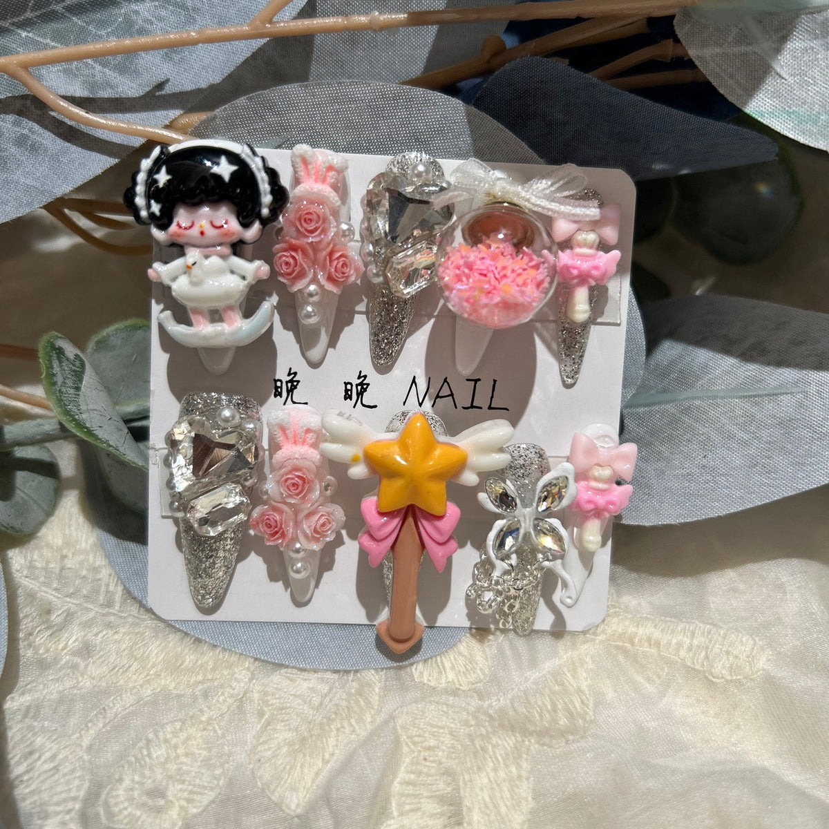 Handmade Kawaii Silver Glitter Long Stiletto Press On Nails with 3D Cartoon Doll, Magic Wand, Pink Roses & Floating Shaker Ball Charms