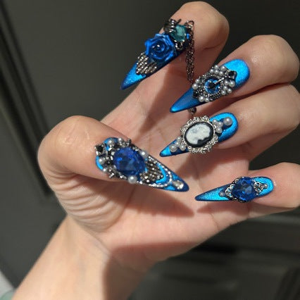 Handmade Royal Blue Gothic Press On Nails, Long Stiletto Metallic False Nails with 3D Blue Rose, Cameo Portrait, Pearls Rhinestones & Dangling Chain, Reusable Fake Nails for Party Cosplay