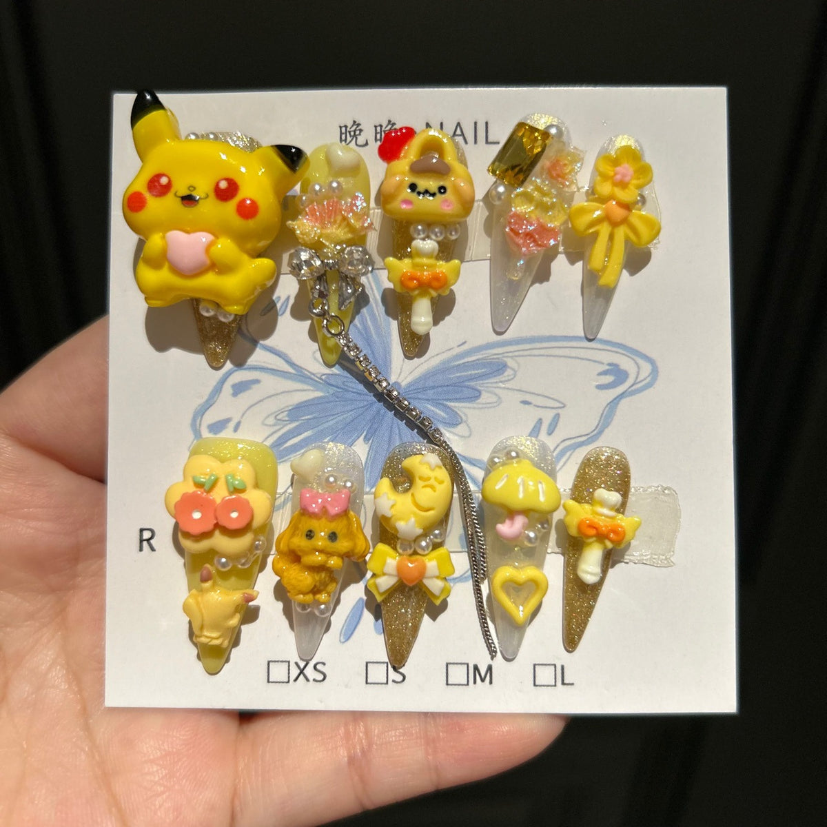 Handcrafted Designer Cartoon Press-on Nails - Shimmering Cat Eye Base with Heavy 3D Pikachu, Puppies and Cute Accessories