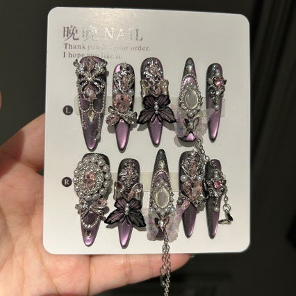 Handmade Purple Cat Eye Long Stiletto Press On Nails with Black Butterfly, Pink Crystal & Vintage Cameo Charms