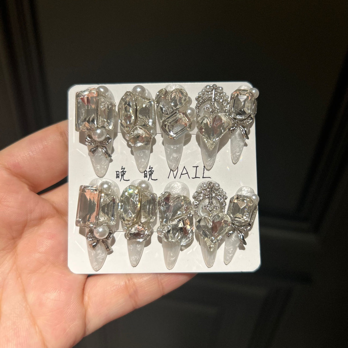 Handmade Clear Crystal Luxury Long Stiletto Press On Nails with Pearls & Silver Bow Charms