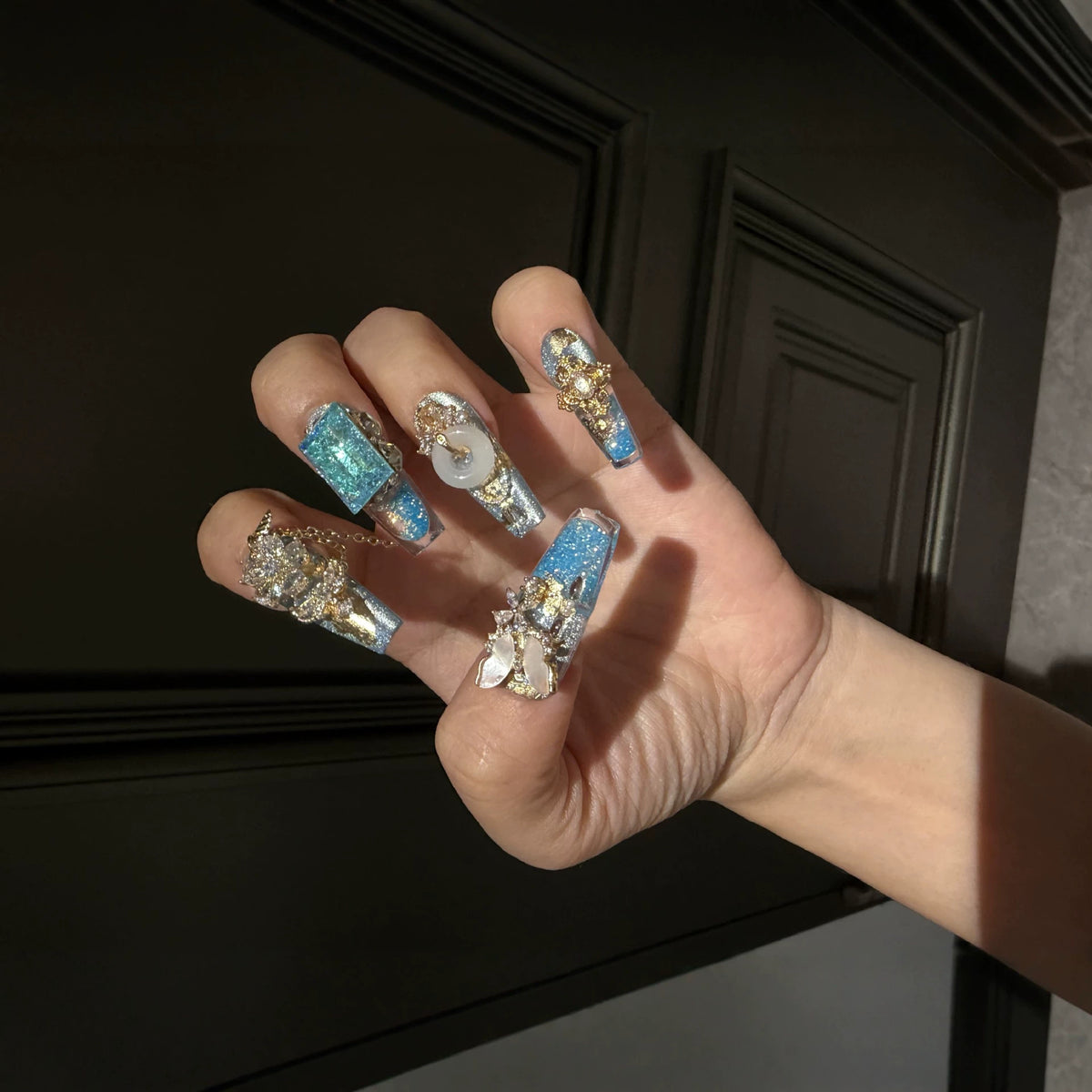 Blue and Gold Luxury Coffin Press-on Nails with 3D Crystal Gem, Jade Ring, Mother-of-Pearl Butterfly, and Golden Charms - Statement Fake Nail Set